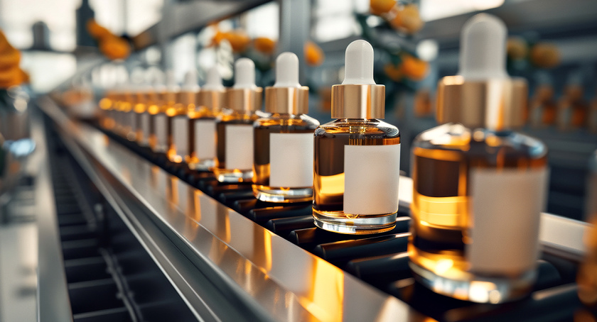 Skincare bottles on an assembly line illustrate a story about Extended Producer Responsibility (EPR) in beauty packaging / AI-generated image by Adobe Stock